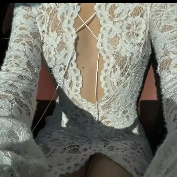 Long Sleeve Lace Maxi white sexy resort risky edgy hot dress bridal bride wife - Picture 9 of 9